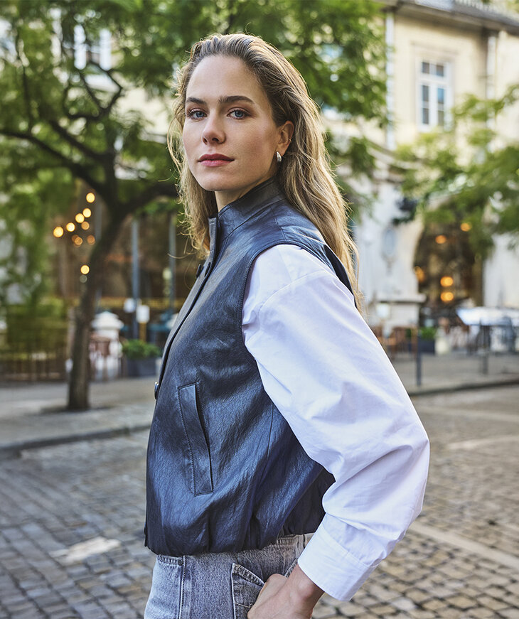 EsQualo Gilet Double Breasted PU Crinkle | Dark grey